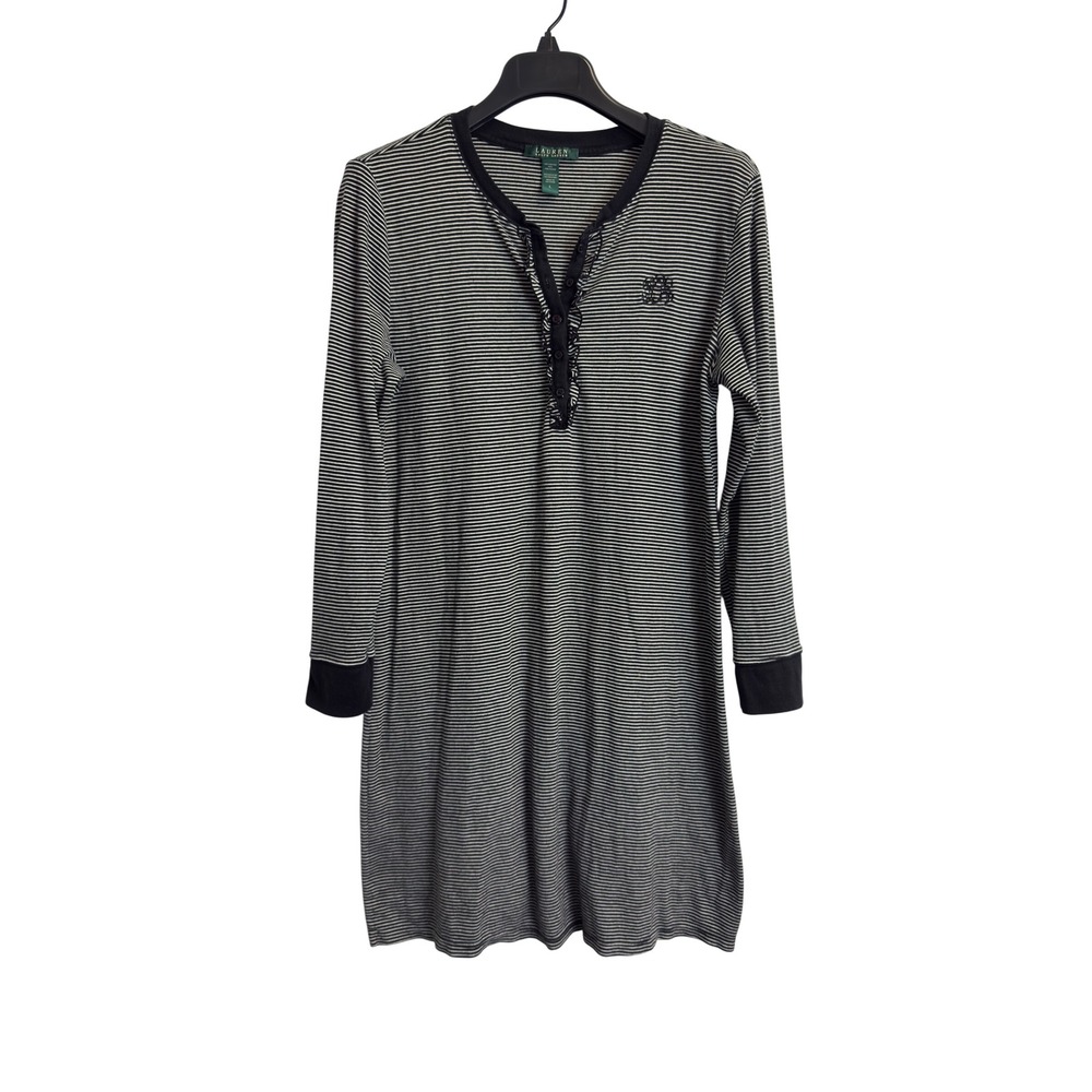 Lauren Ralph Lauren Striped Henley Nightgown Ruffle Monogram Sleep Dress Black L